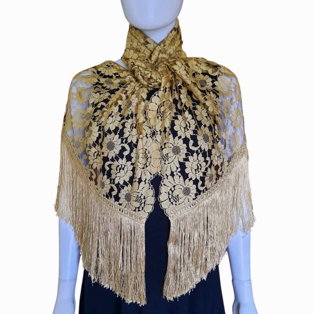 Vintage Chantilly Lace Shawl w/Fringe Oblong 79"x20" Golden Yellow